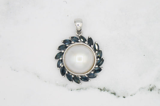 Mabe Pearl and Sapphire Flower Pendant