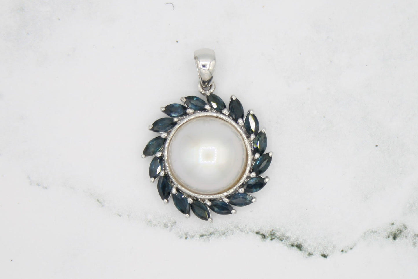 Mabe Pearl and Sapphire Flower Pendant